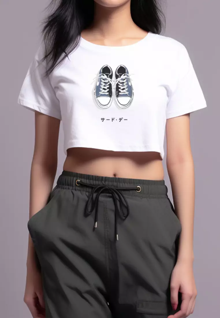 LTF68 kaos crop tee wanita RCP gambar sepatu instacool ss "sneakers katakana" putih