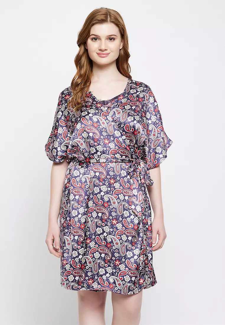 Clovia Paisley Print Short Night Dress & Robe Set in Navy - Satin