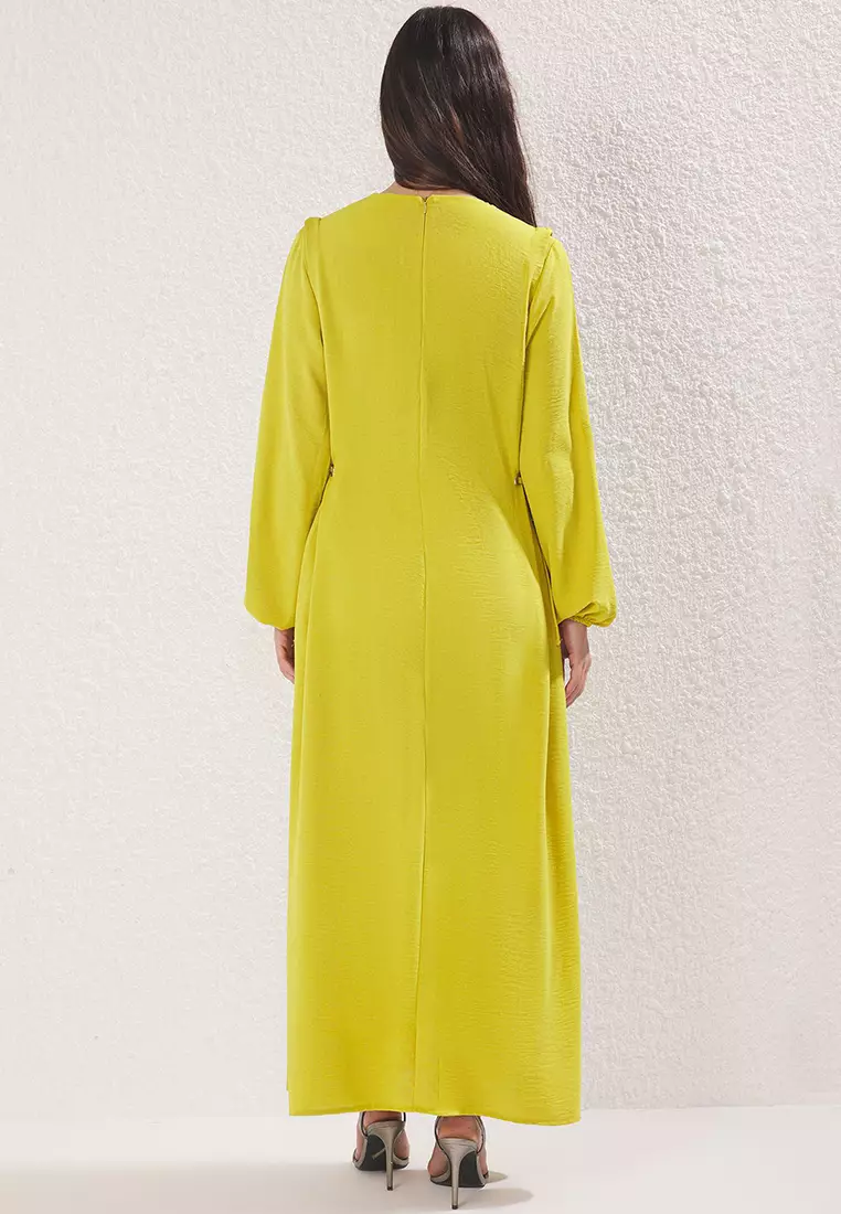 Oil Green Lace Detail Aerobin Woven Dress With Elastic Sleeves Tctss22Eb00104