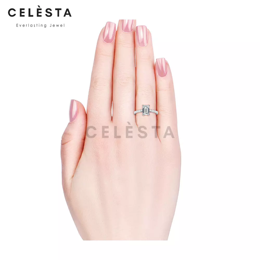 Berlian Moissanite Le Cleavon Emerald Cut Ring [GRA CERTIFICATE MOISSANITE DIAMOND] - Cincin 2CT  Moissanite Diamond 925 Silver Celesta by Her Jewellery