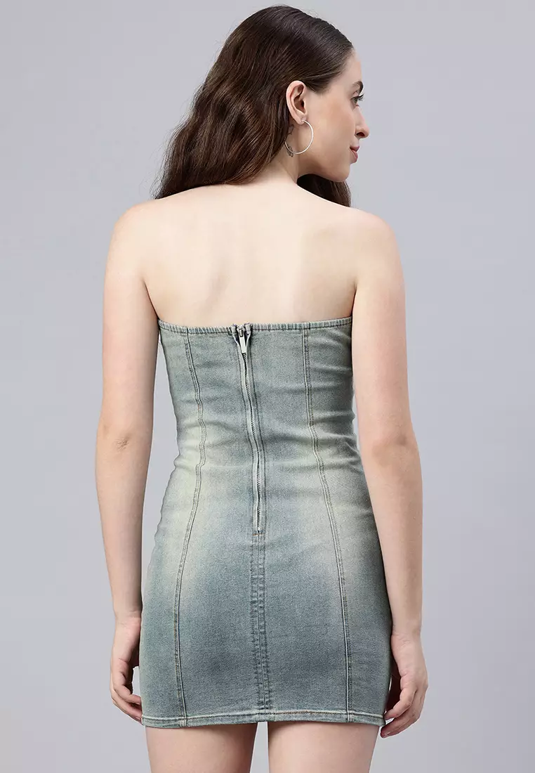 無肩帶牛仔迷你連身裙