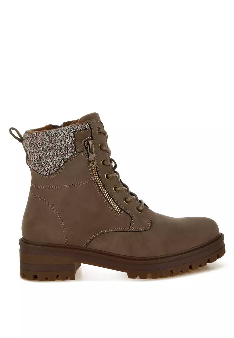 Discount on London Rag  shoes - SKU: Knitted Collar Zip-Up Hiker Boots in Taupe