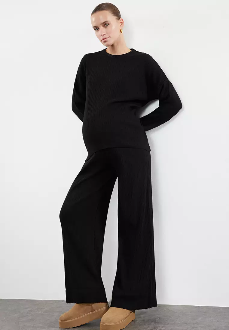 Plus Size Black Knitwear Sweater And Trousers Set Ribbed Crew Neck