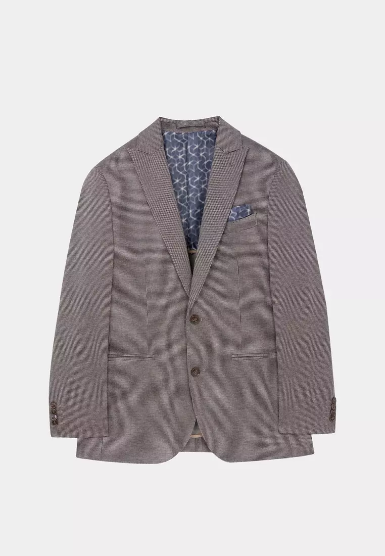 Hazelnut Brown Houndstooth Slim Stretch Jersey Blazer