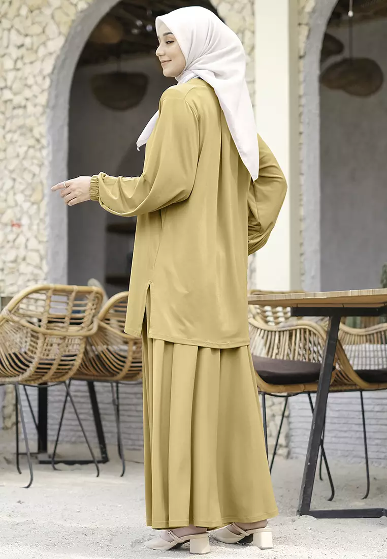 JV Hasanah Oneset Skirt Jersey Baju Kurung Beige - Setelan Rok Jersey Baju Kurung Jumbo