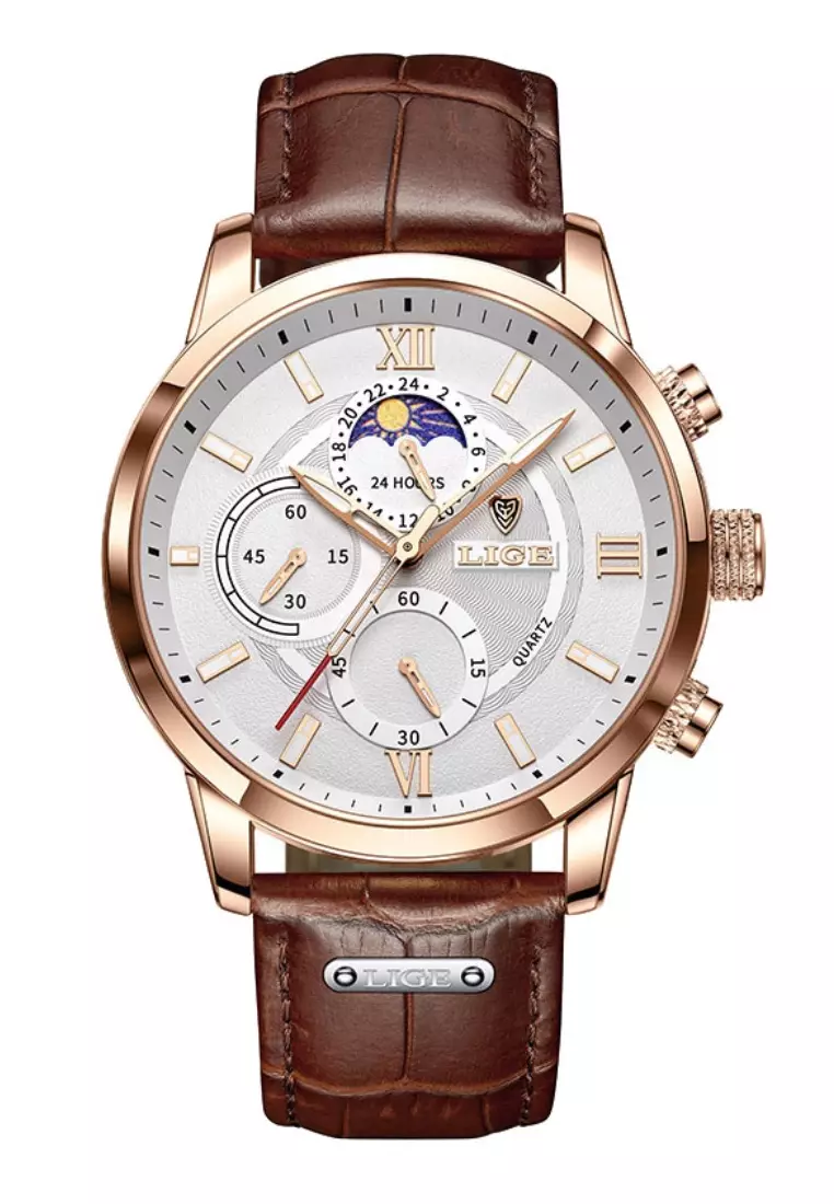 Chronograph, Unisex, IP Rose Gold Stainless Steel Quartz Watch 43mm, white dial, on Brown Leather Strap