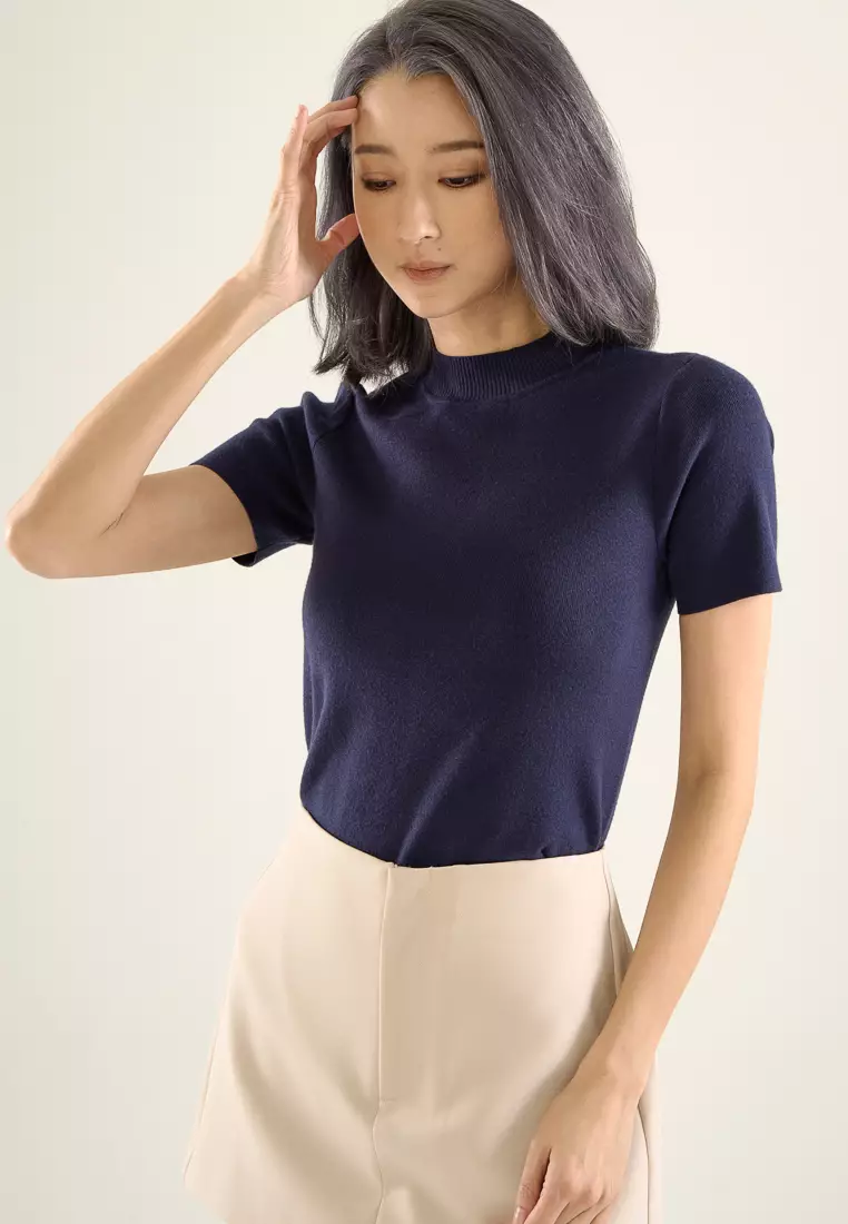 Mock-Neck Short Sleeve Knit Top