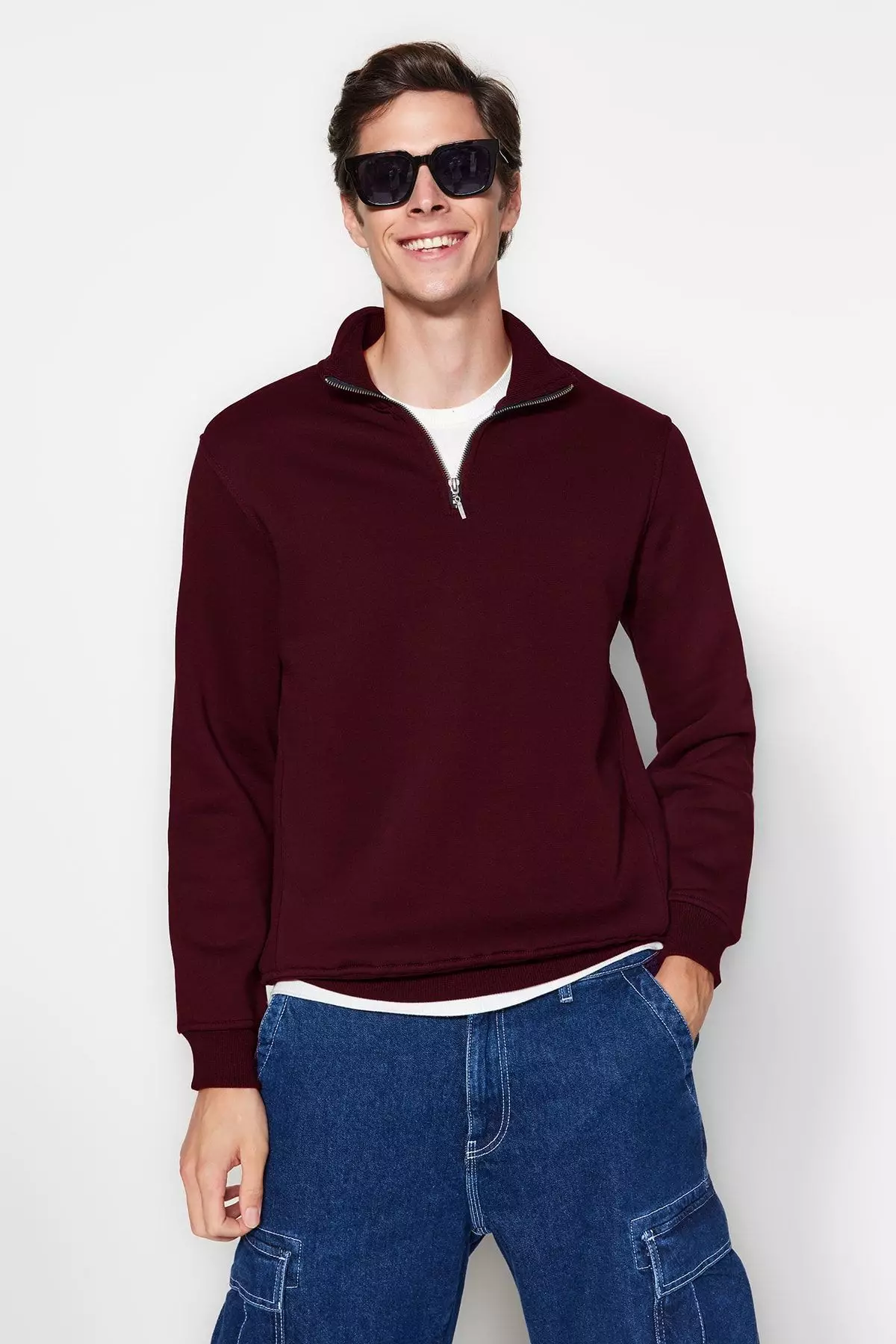Claret Red Regular/Normal Cut Stand Collar Zippered Inside Polar Fleece/Warm Basic Sweatshirt Tmnaw24Sw00041