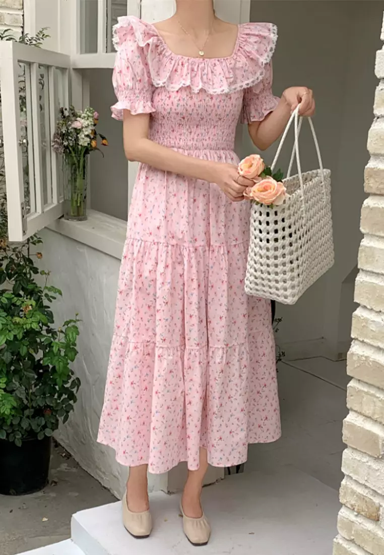 New Women's French Square Neck Diamond Long Sleeve Dress