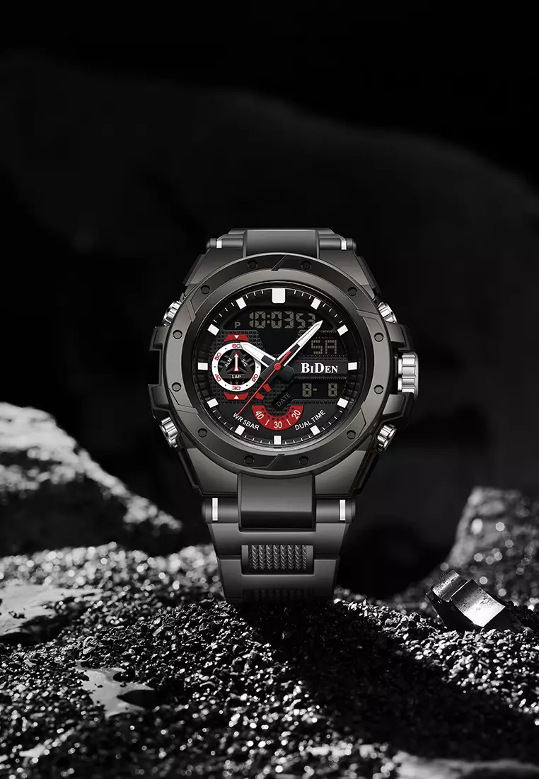 Jam Tangan Pria Anit Air Digital Analog Olahraga Bercahaya Multifungsi Tali Silikon Jam Tangan Cowok Original merah