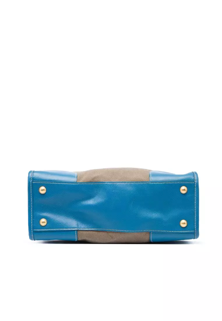 Pre-Loved Prada Saffiano Trimmed Canvas Canapa Logo Double Zip Satchel