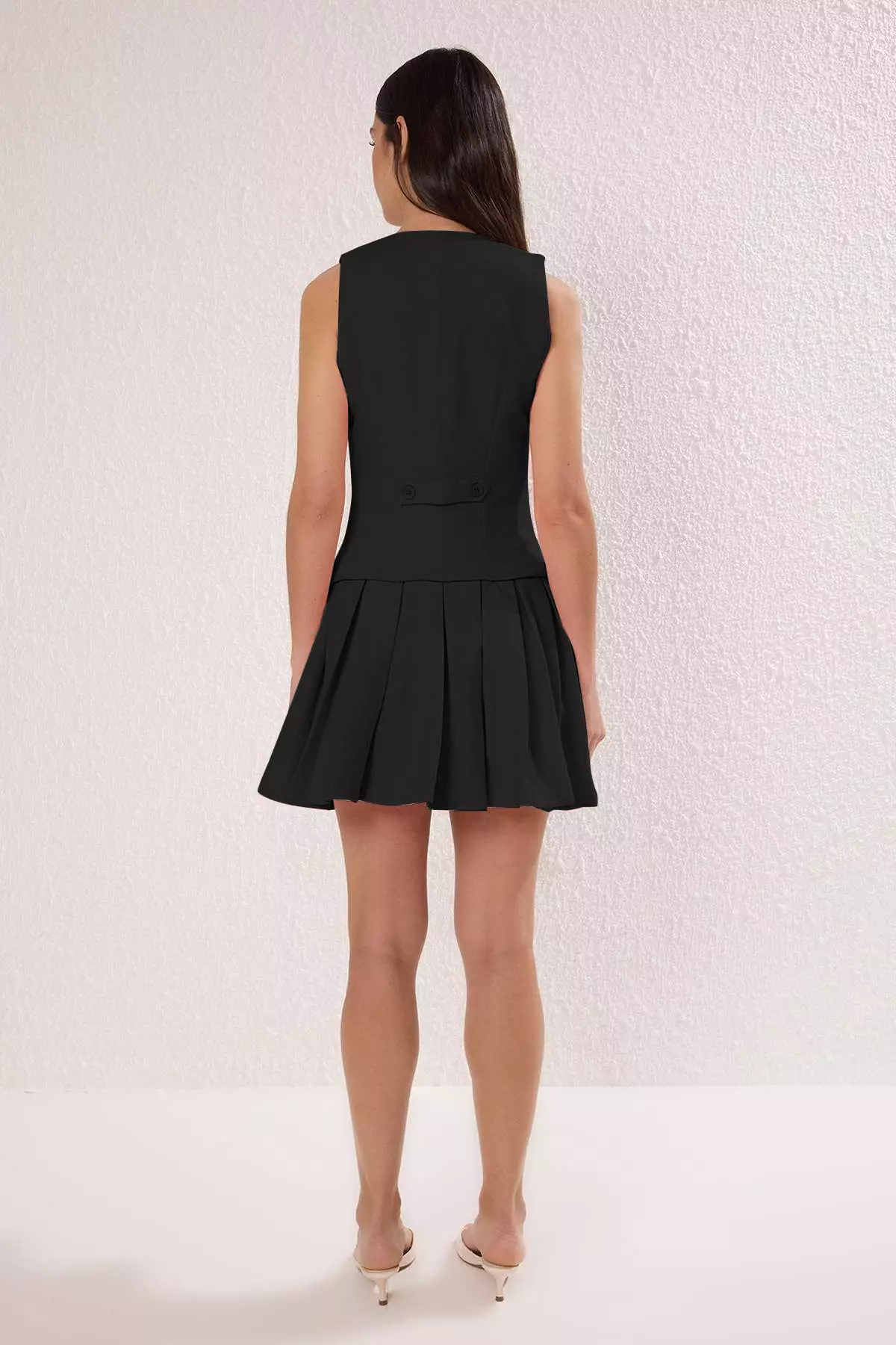 Black Plain Pleated Short / Mini Woven Dress Twoss25El00866
