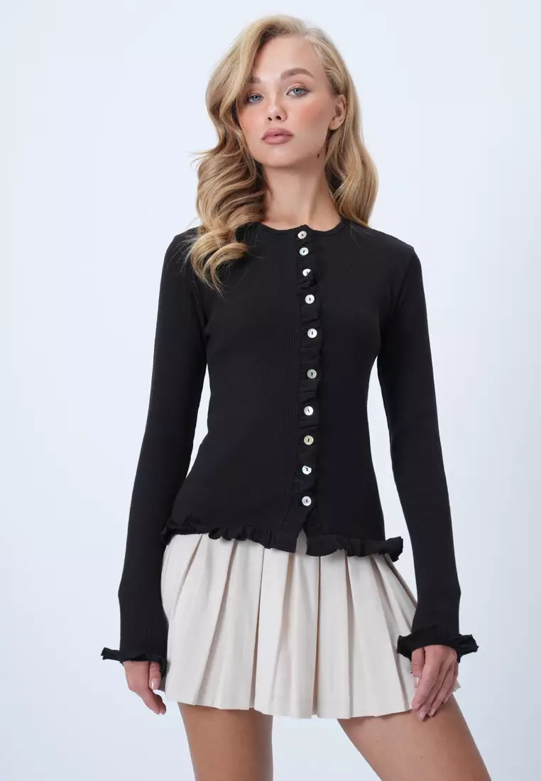 Women's Black Crew Neck Ruffle Detailed Buttoned Front Knitted Blouse Alc-X14533