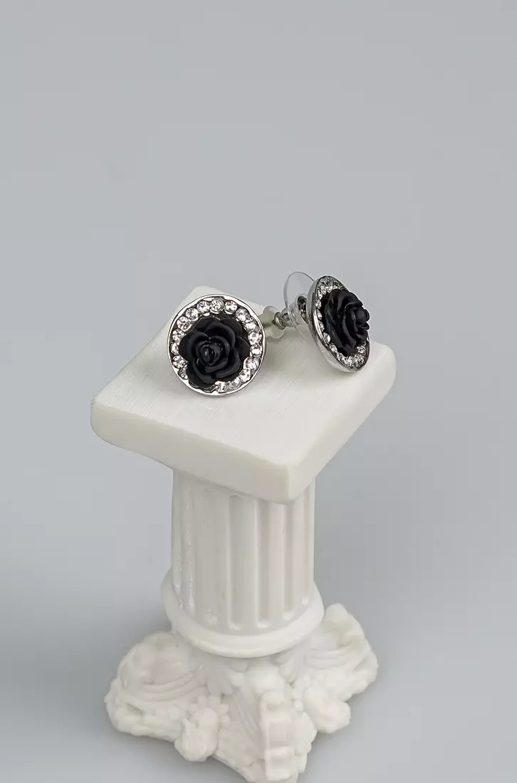 Elegant Black Rose Earrings with Silver Austrian Element Crystals