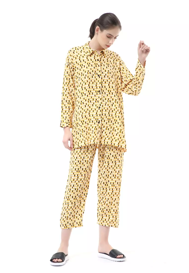 Nayra One Set Setelan Kemeja Wanita Lengan Panjang Printed Motive Full Kancing Material Rayon ORIGINAL - Yellow