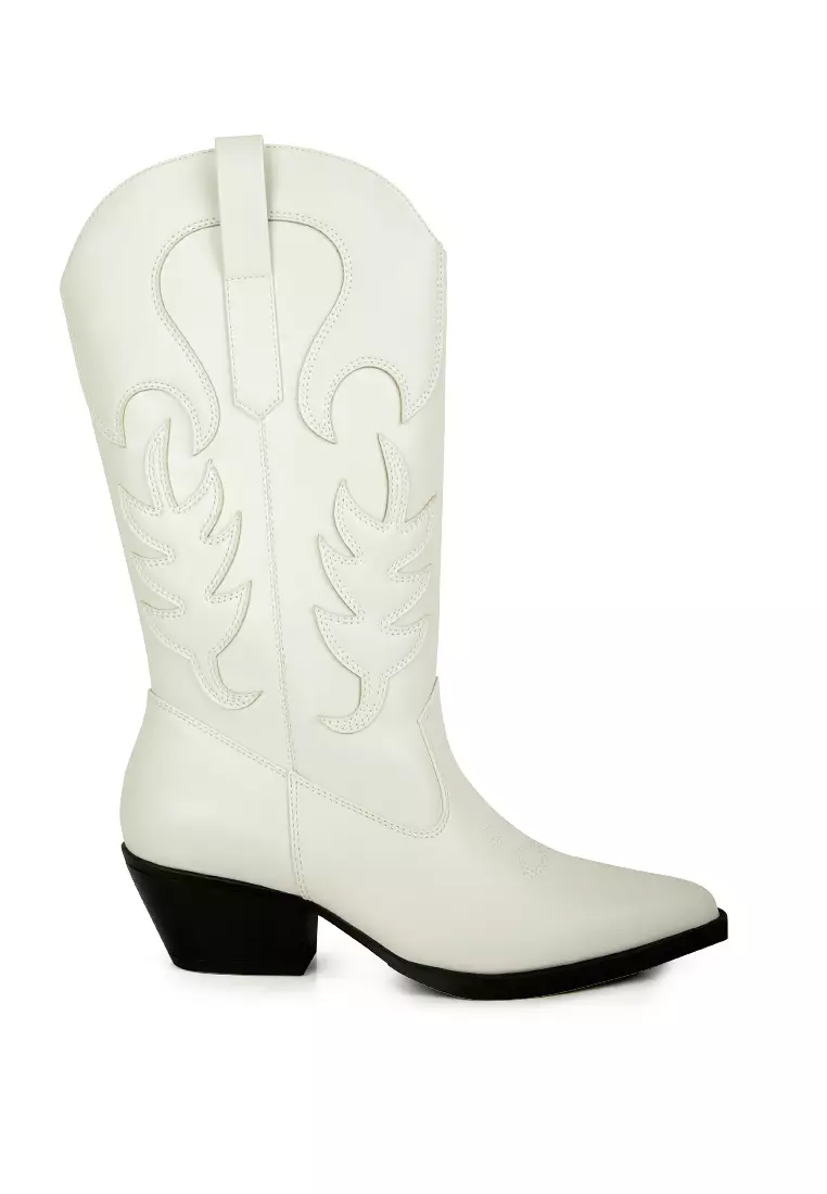Ecru Embroidered Block Heel Cowboy Boots