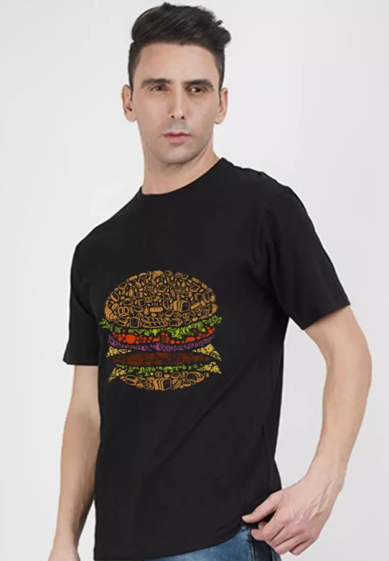 宽松版型短袖黑色棉质汉堡图案 T 恤