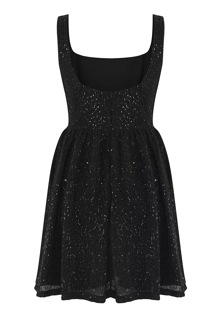 Black Sequin Mini Evening Prom Dress with Open Waist Skirt TPRSS25EL00286