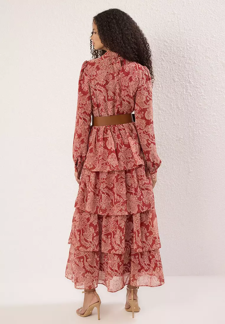 Cinnamon Stand Collar Patterned Belted Lined Chiffon Woven Dress TCTSS25EB00062