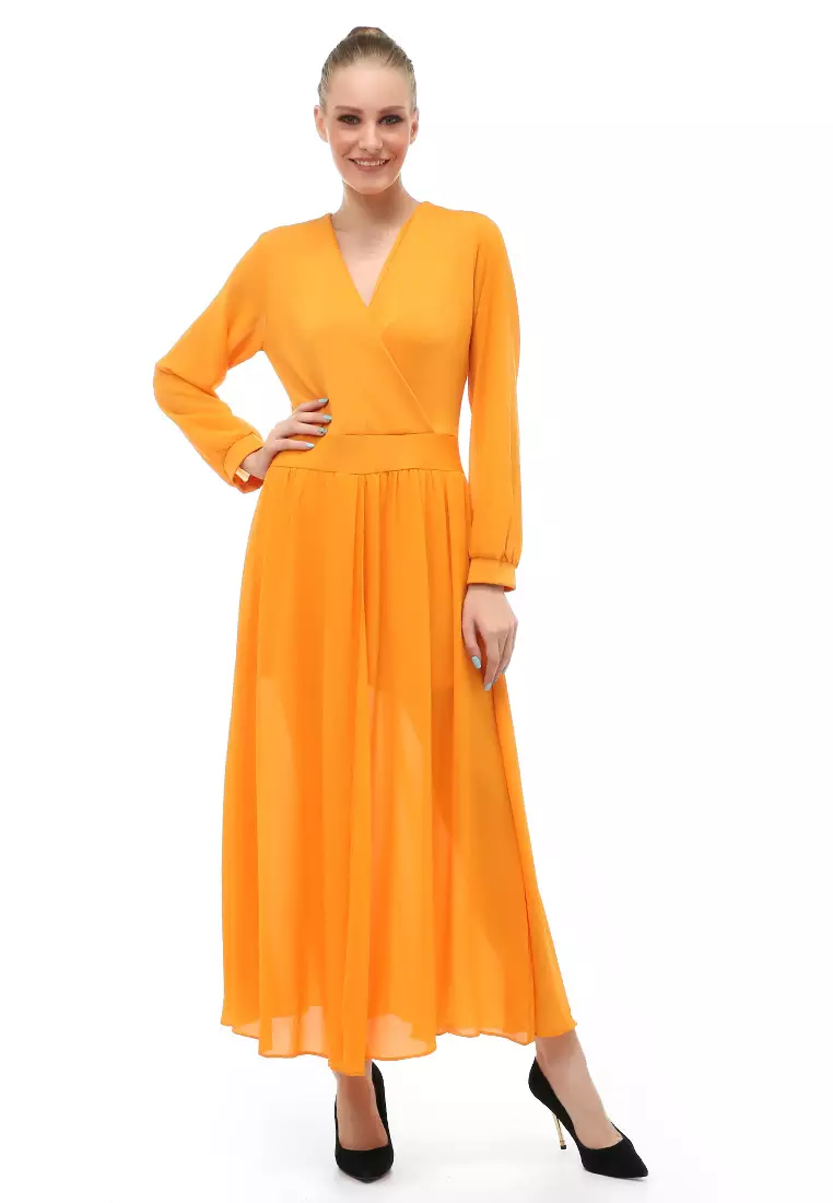 Jumpsuit V-neck Long Sleeves Wanita Motif Solid Relaxed Fit - Kuning