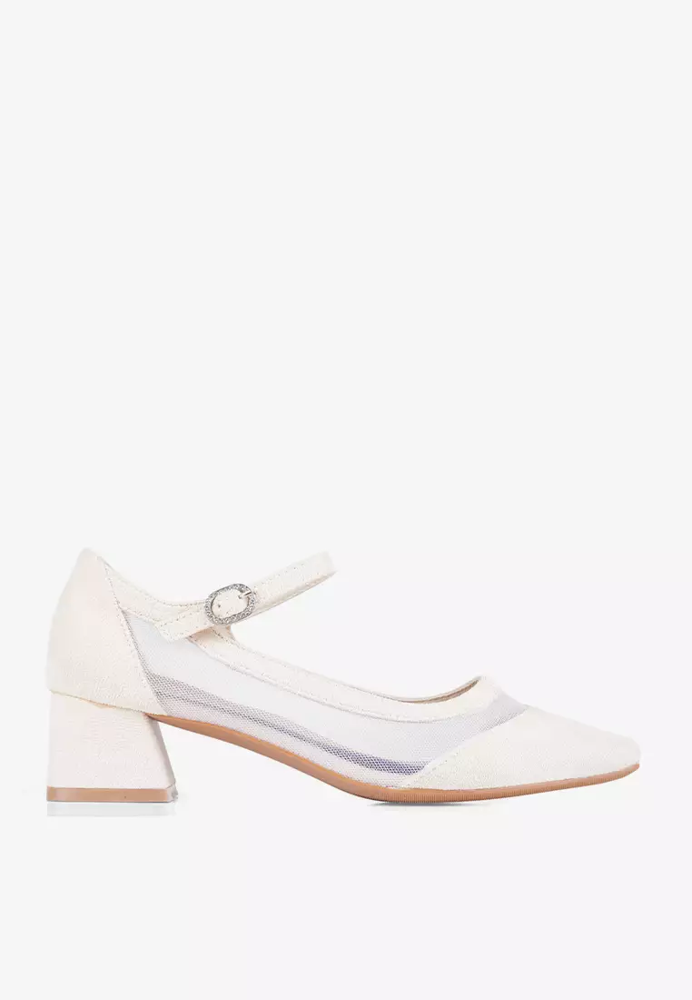 Elora Transparent Mesh Suede Block Heels Mary Jane in Beige