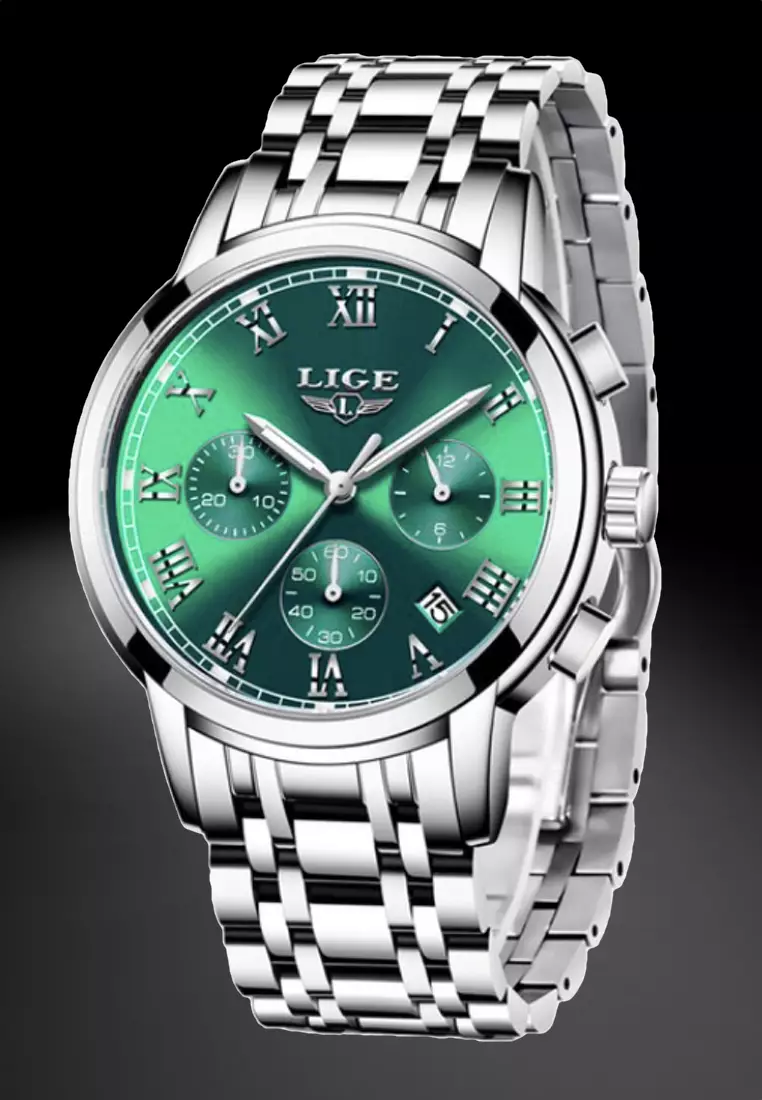 Chronograph Unisex Stainless Steel Quartz Watch, Green dial on Steel Bracelet