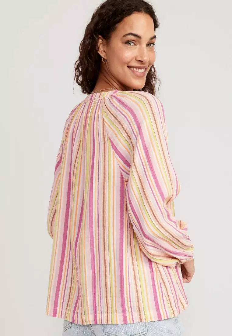 Long-Sleeve Striped Split-Neck Top for Women