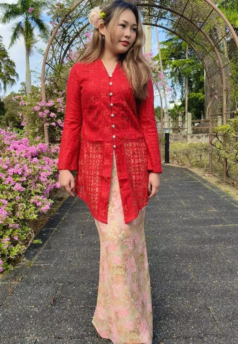 Loveaisyah Red Checkered Lace Kebaya Top & Floral Chiffon Skirt Hari Raya
