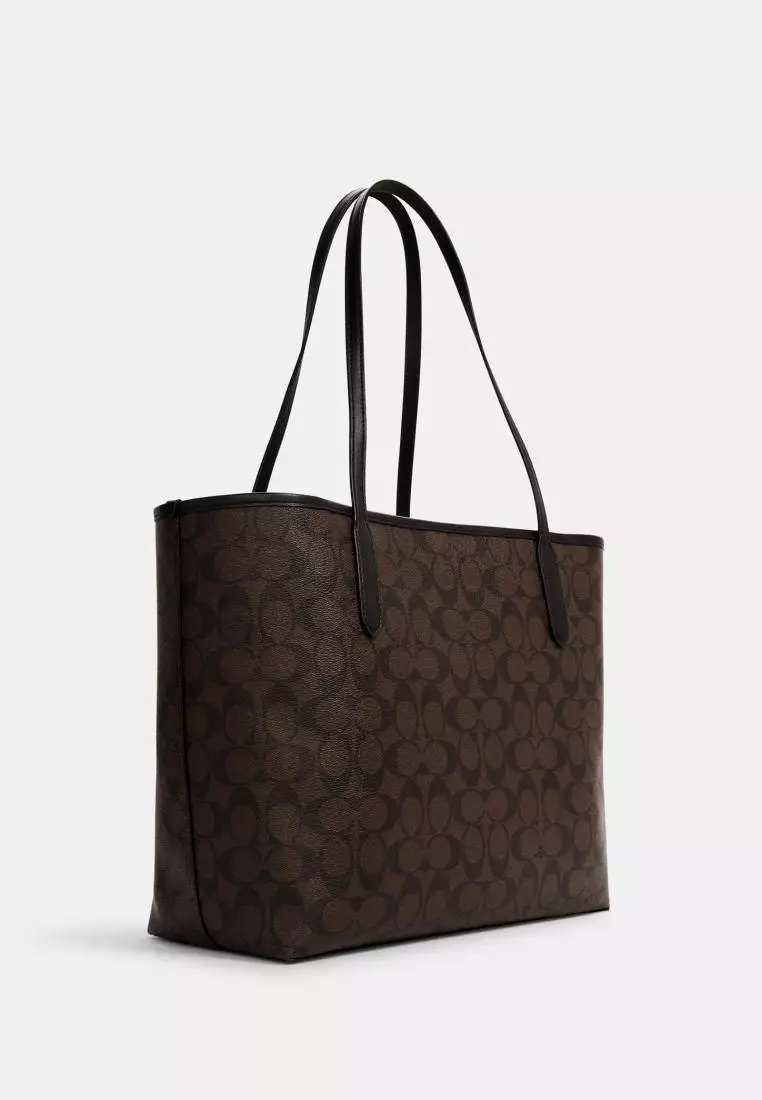 Coach City Tote In Signature Canvas Brown Black