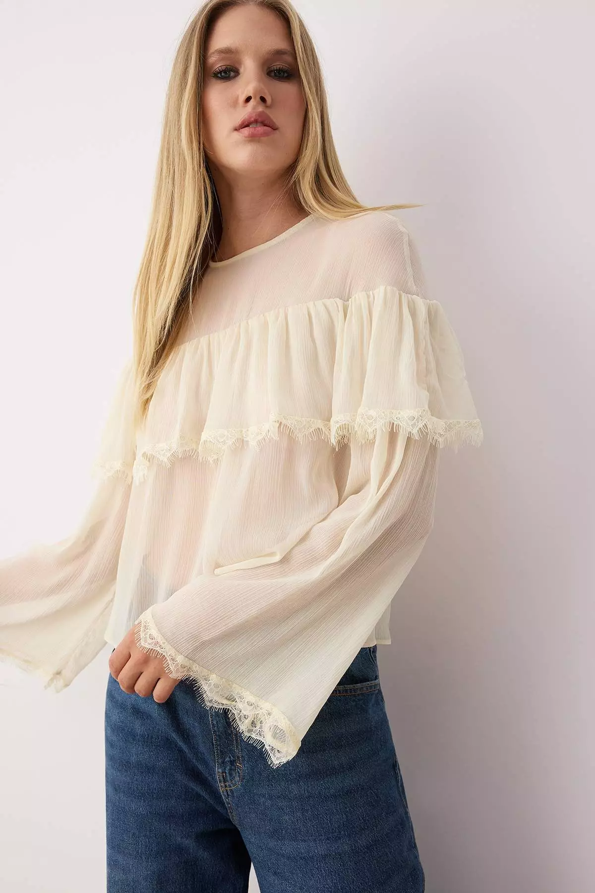 Ecru Chiffon Lace Detailed Crew Neck Blouse