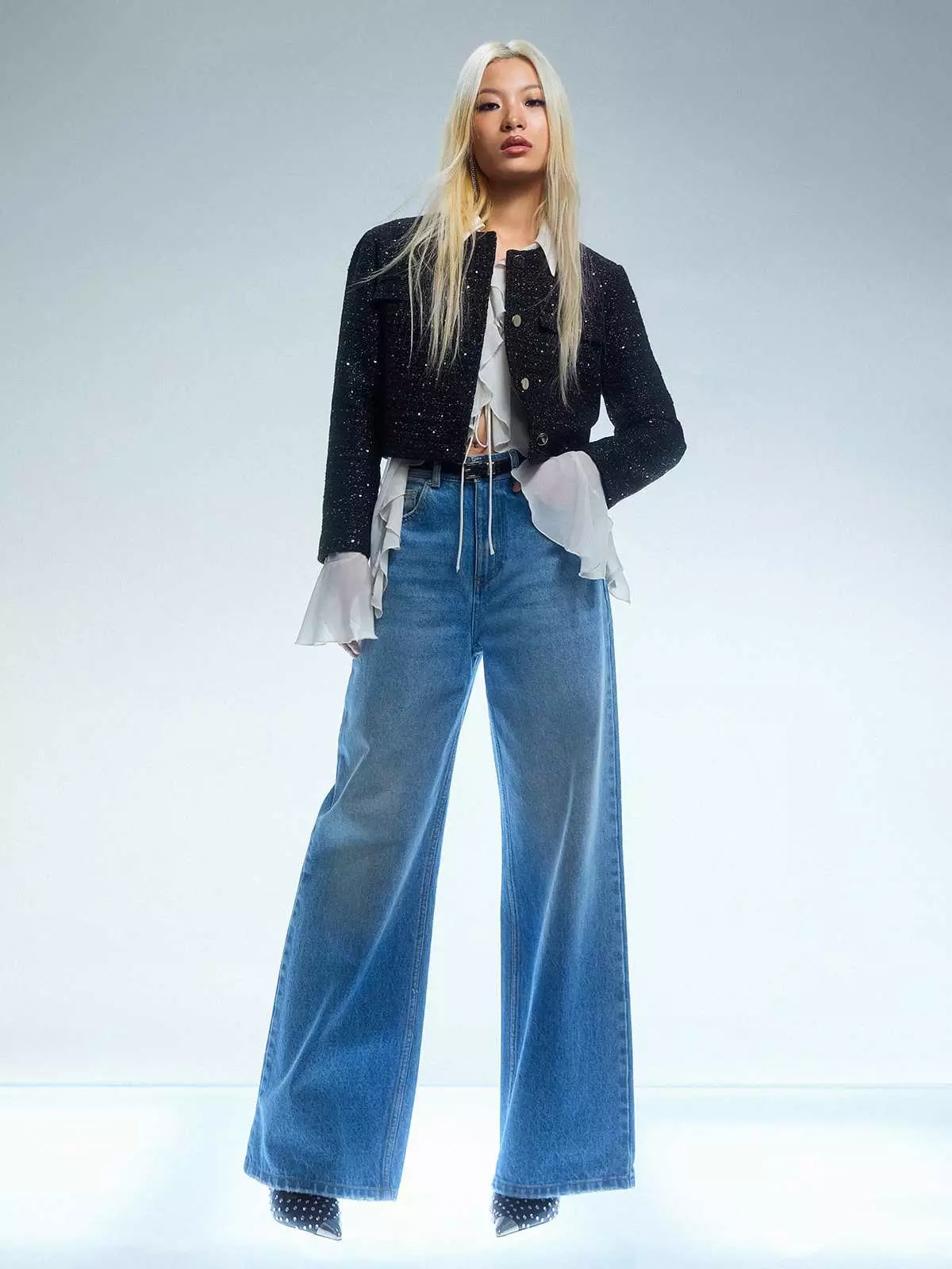 Pomelo - Blazer Wanita - Cropped Tweed Blazer - Black