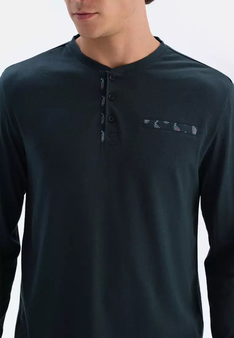 Navy T-Shirt & Trousers Set, Crew Neck, Regular Fit, Long Sleeve Sleepwear for Men