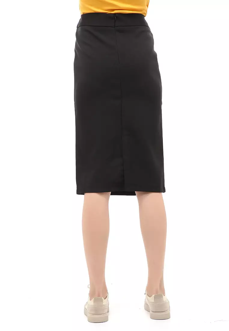 Rok Span 7/8 Design Formal Motif Polos Skirt Kerja Bawahan Wanita - Hitam