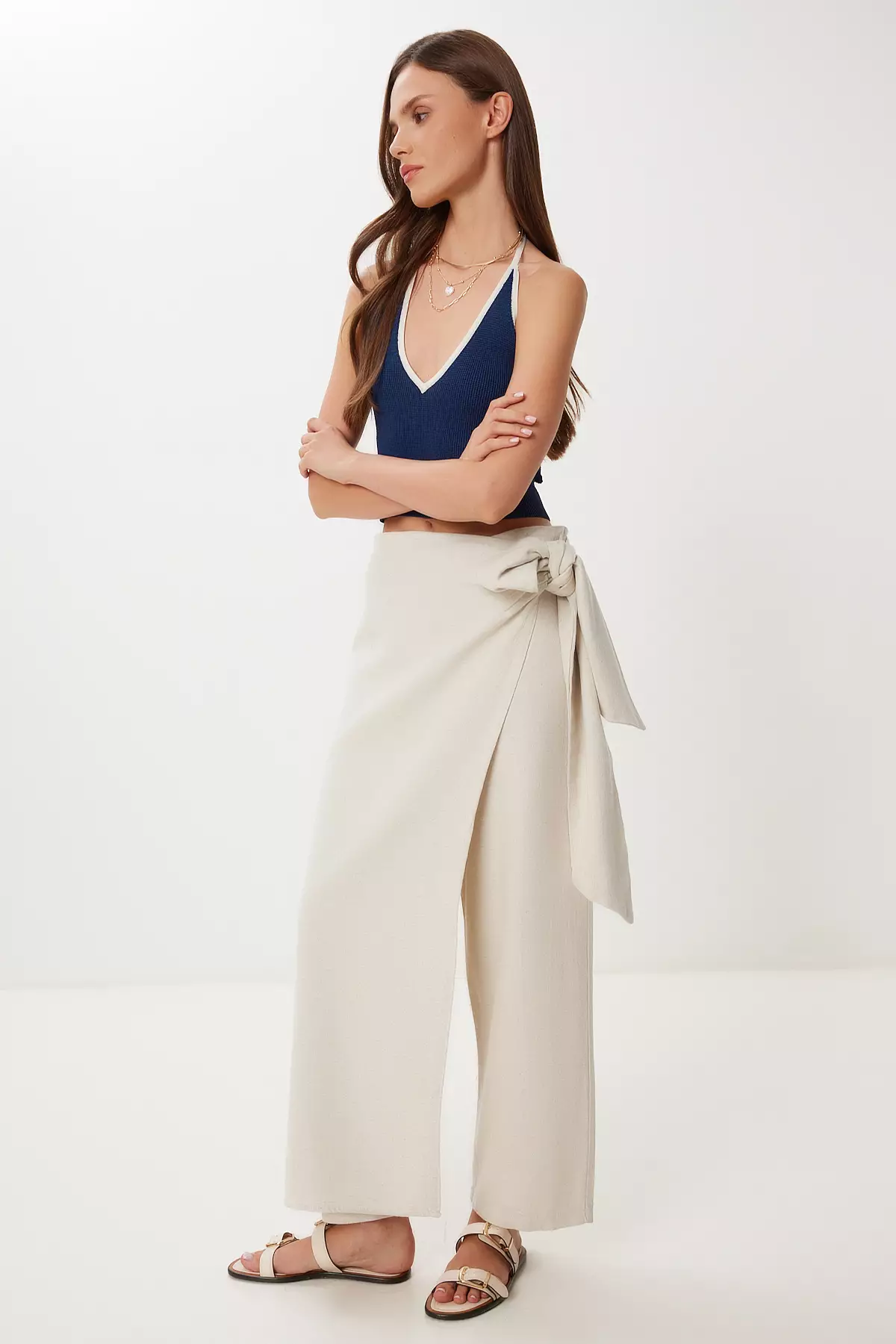 Women's Stone Skirt Look Tie Detailed Linen Trousers Bv00145
