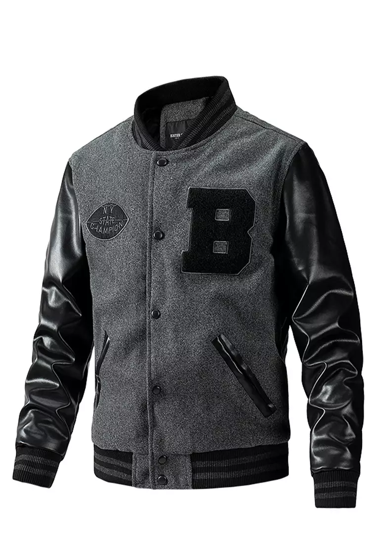 Leather sleeve baseball jacket shop