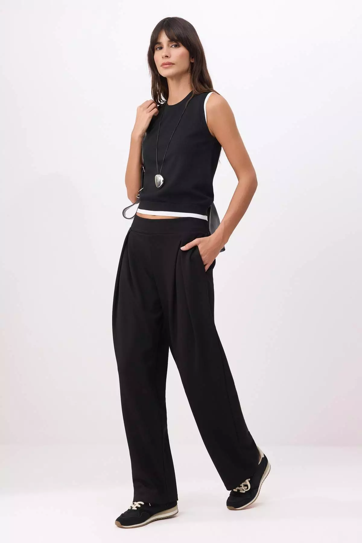 Black Wide Leg Drawstring Regular Waist Soft Touch Knitted Trousers Twoss26Pl139