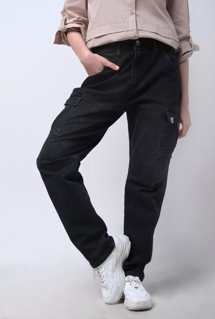 Celana Wanita Jeans Cargo Belva Dark Grey