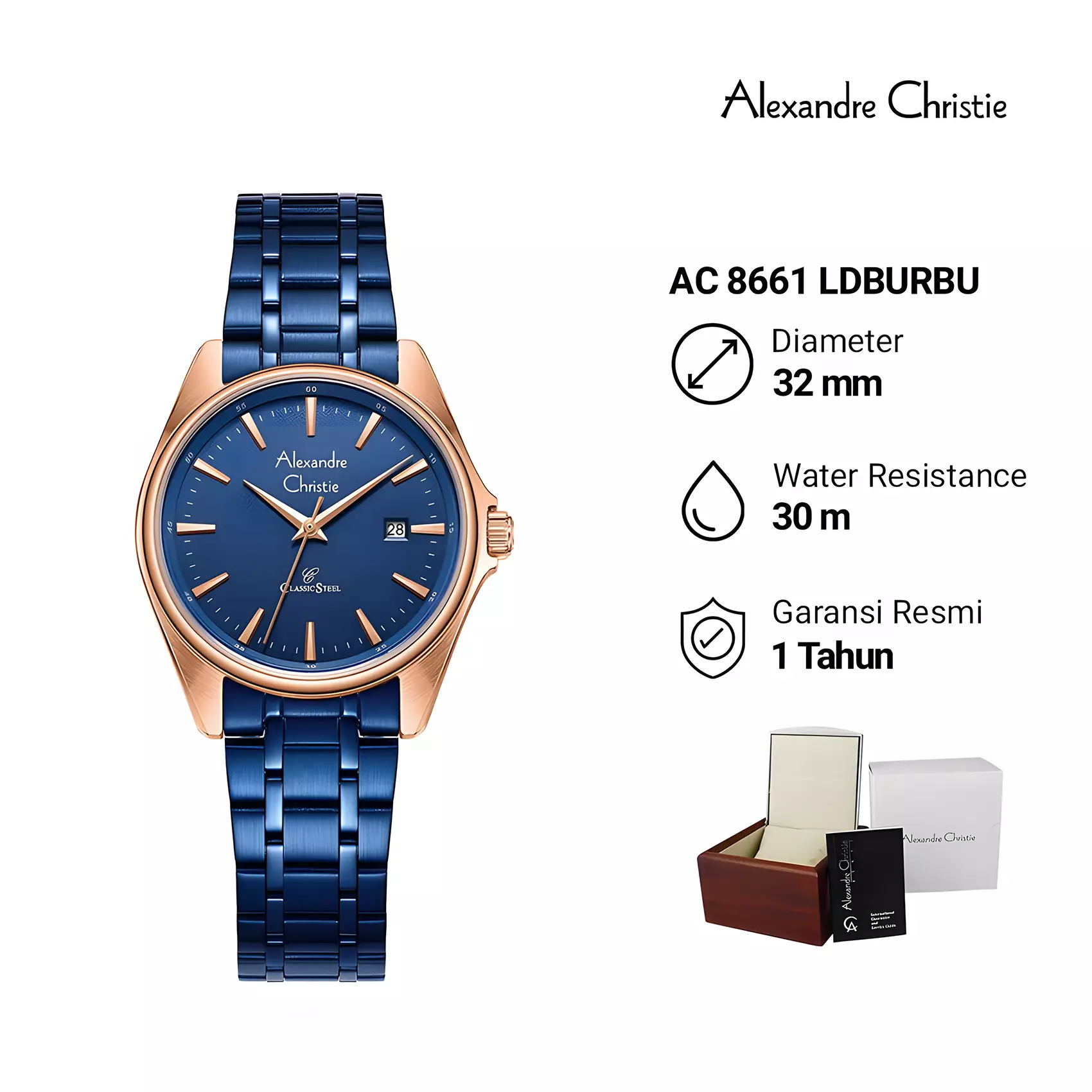 Alexandre Christie - Jam Tangan Analog Wanita - Blue Rose Gold - Stainless Steel - 8661 LDBURBU