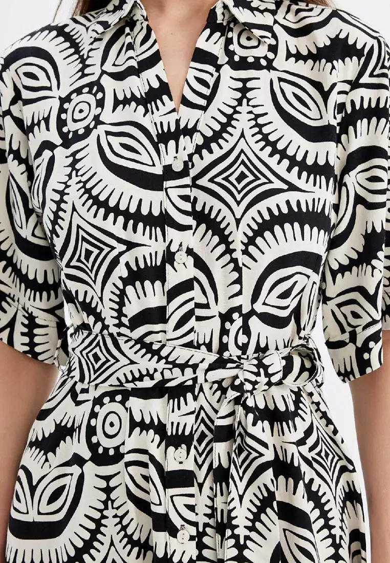 Shirt Collar Patterned Linen Blend Half Sleeve Midi Dress