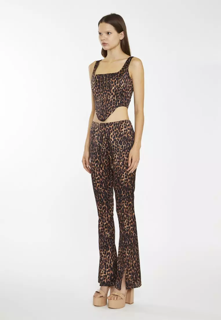 Brown Leopard Split Front Flared Trousers