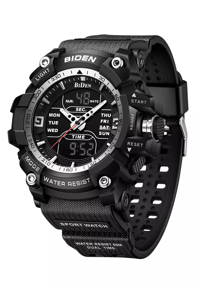 BIDEN Jam Tangan Pria Militer Tali Silikon Analog&Digital Display Jam Tangan Cowok BlackWhite
