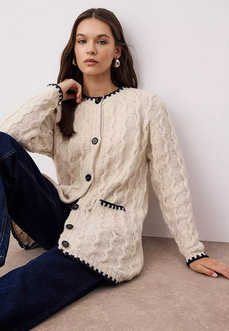 Hair Knit Contrast Detailed Knitwear Cardigan