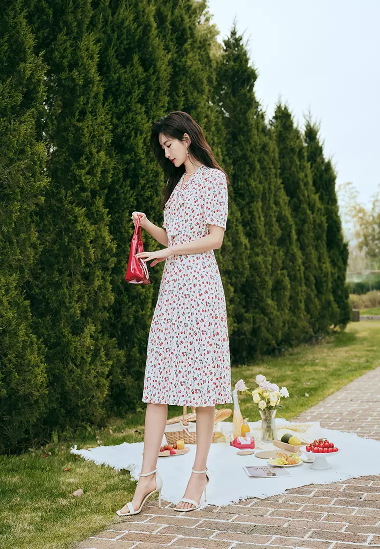 Ribbon Neck Tie Dress with Cherry Print
