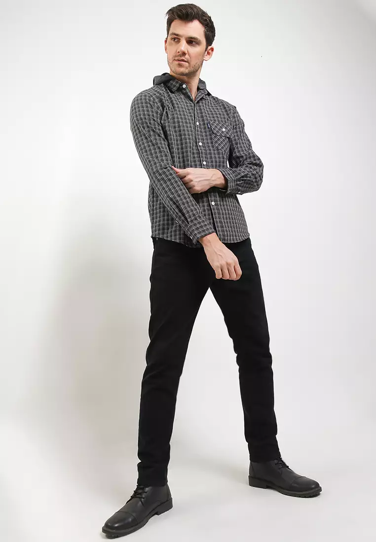 Kemeja Flanel Motif Kotak-Kotak Lengan Panjang + Hoodie 2972J04