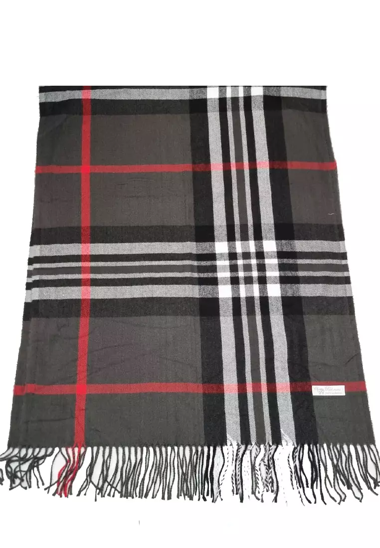 Checkered Cashmere Shawl Mustard Syal Wanita Black