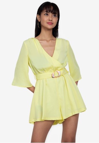 ZALORA BASICS yellow Wide Sleeves Playsuit with Belt 83F94AAC2A914DGS_1