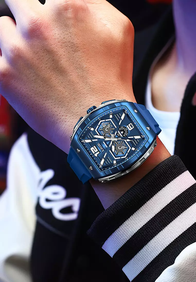 男女通用酒桶形 IP 橡膠錶帶藍色石英手錶