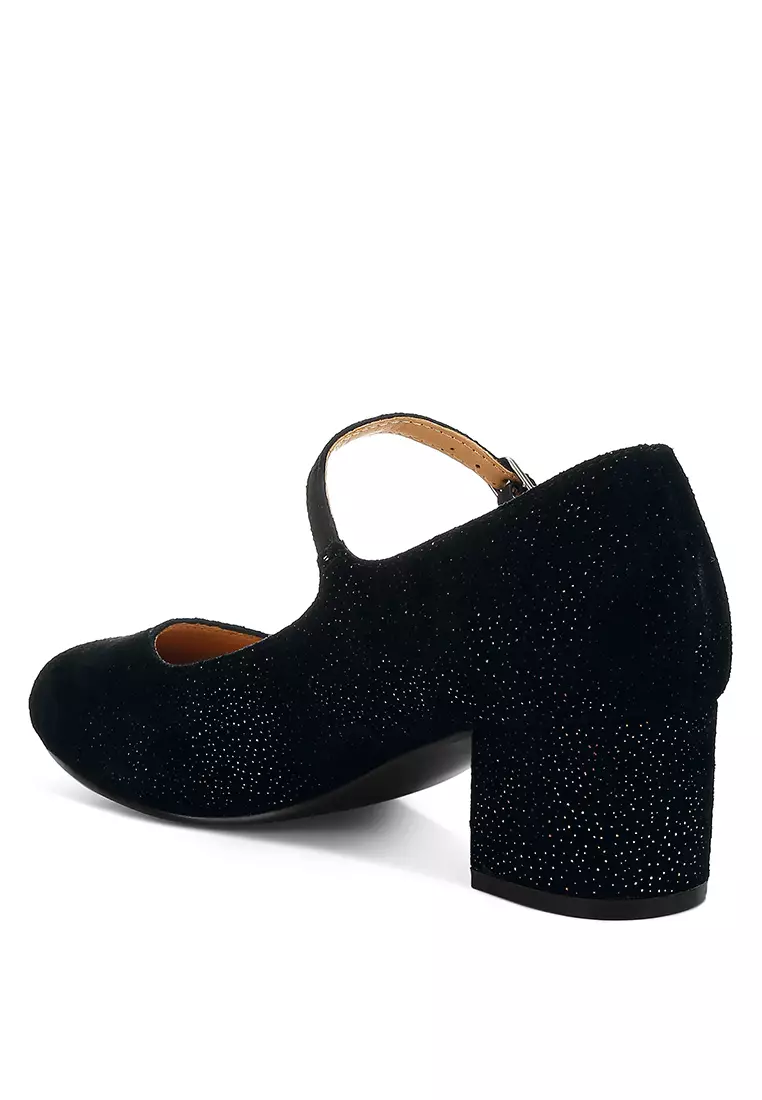 Sandal Mary Jane Suede Berkilau Hitam