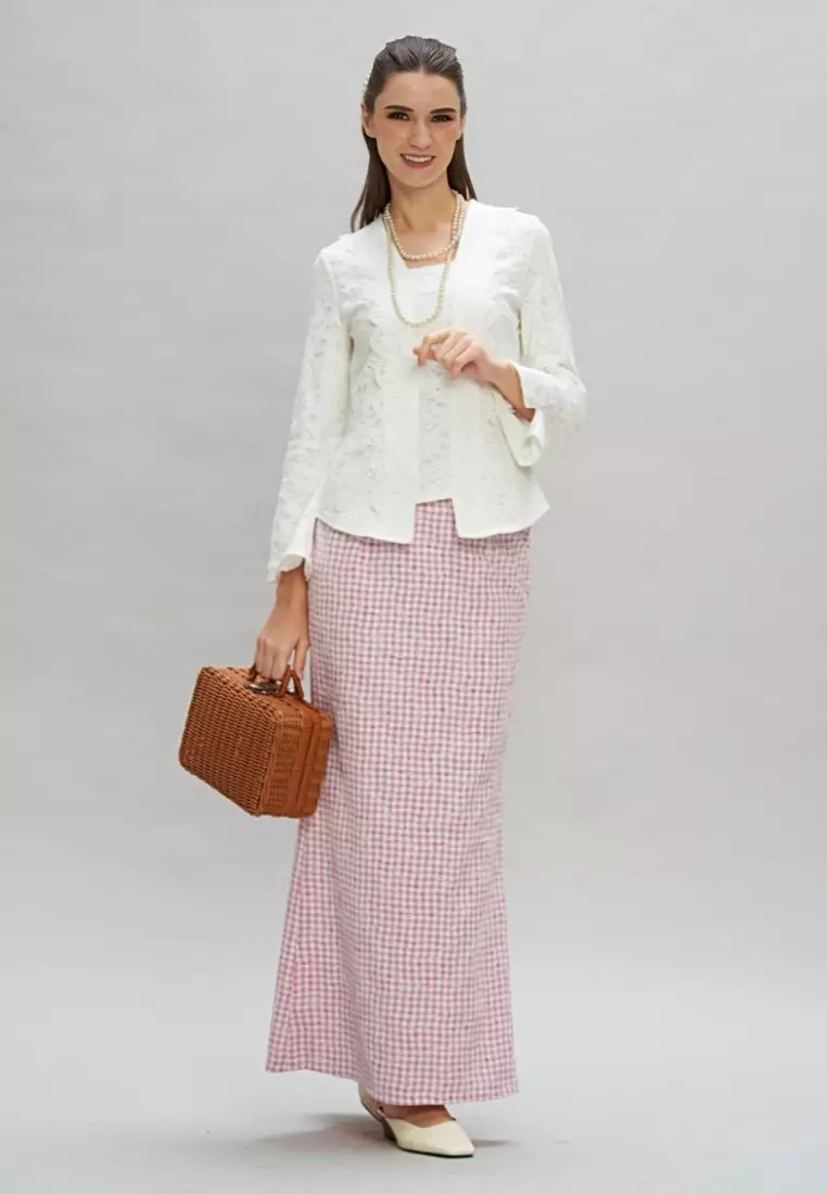 White Lace Kebaya & Pink Checkered Embroidery Maxi Skirt