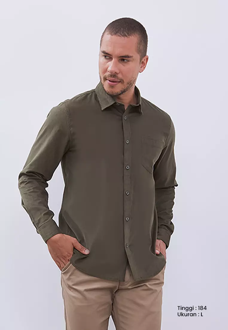 MANZONE - Kemeja Corduroy Lengan Panjang Pria Havied 01 Modern Fit - Olive Warna Olive